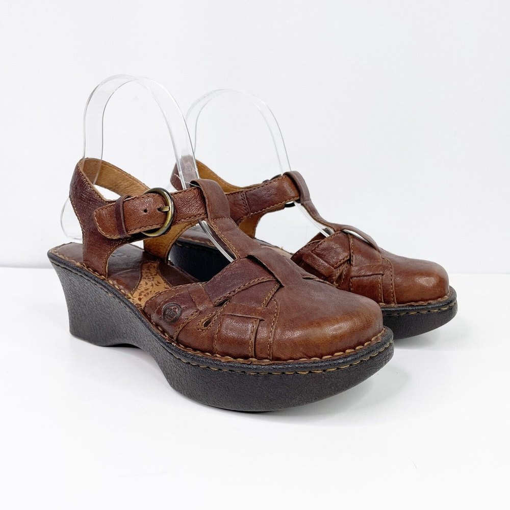 Born Heels Clogs T-strap Women Size 7 / 38 Brown Leather Sandal Buckle Ankle